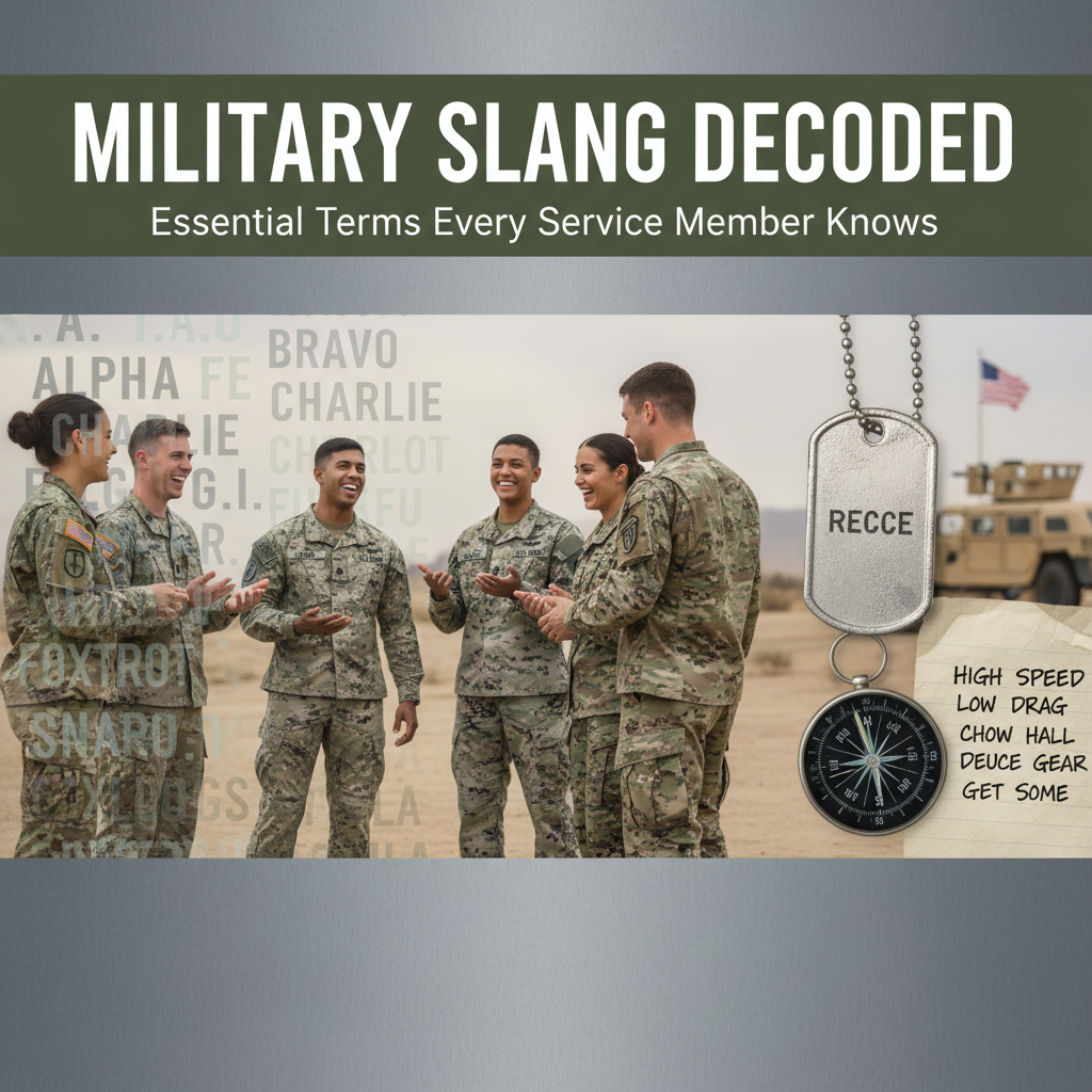 Professional blog header image for article titled: Military Slang Decoded: Essential Terms Every Service Member Knows. High quality, relevant imagery, clean composition.