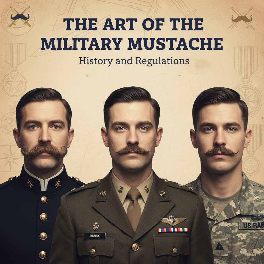 Professional blog header image for article titled: The Art of the Military Mustache: History and Regulations. High quality, relevant imagery, clean composition.