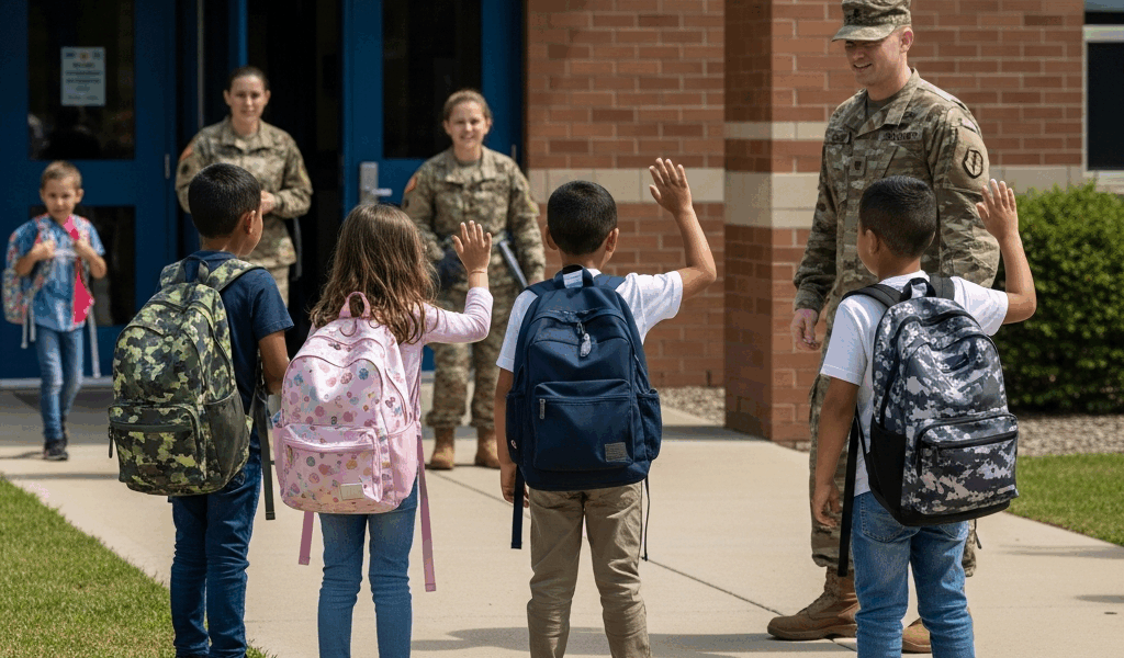 a group of military kids with backpacks standing outside a s 20260410 075813