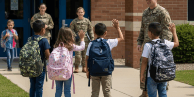 a group of military kids with backpacks standing outside a s 20260410 075813