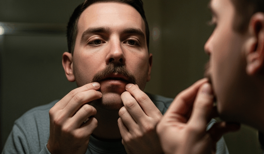a man checking his growing mustache in a bathroom mirror clo 20260410 074458