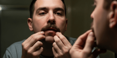 a man checking his growing mustache in a bathroom mirror clo 20260410 074458