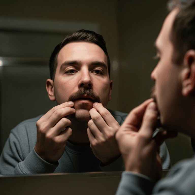a man checking his growing mustache in a bathroom mirror clo 20260410 074458