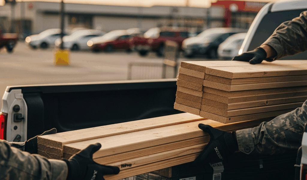 close up of hands loading lumber and supplies into the back 20260410 080001