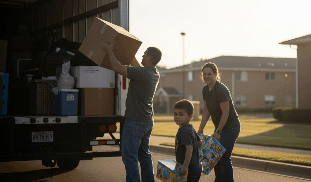 military family loading moving boxes and furniture into a tr 20260410 075723