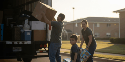military family loading moving boxes and furniture into a tr 20260410 075723