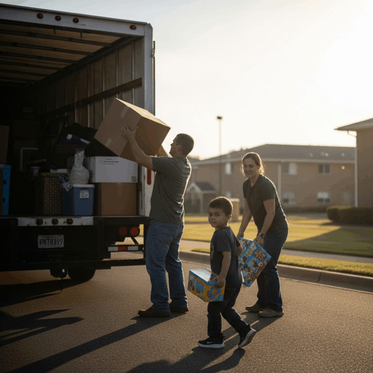 military family loading moving boxes and furniture into a tr 20260410 075723