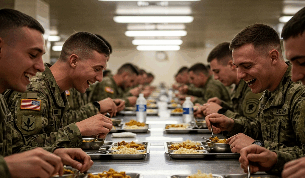 soldiers in a military dining hall laughing while eating caf 20260410 075756