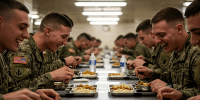 soldiers in a military dining hall laughing while eating caf 20260410 075756